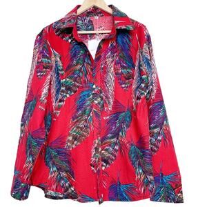 Red Linen Feather Print Bitton Up Blouse Women’s Size Medium